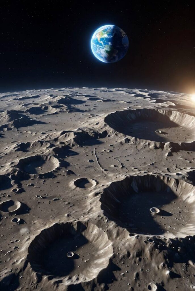 Craters on the moon with Earth in the distance